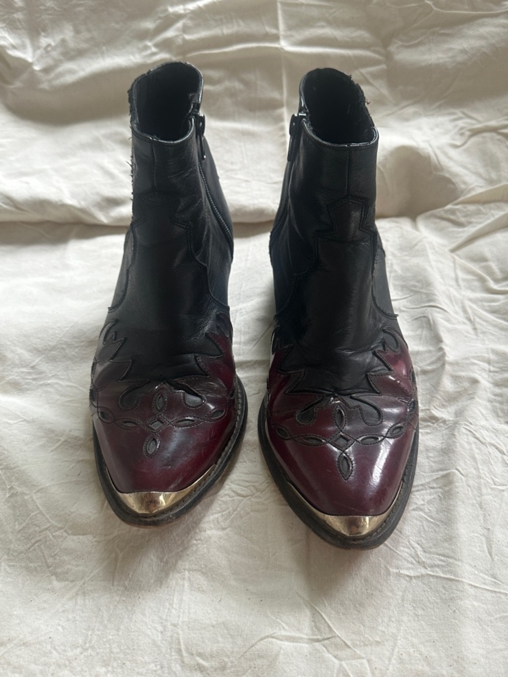 Topshop Black and Burgundy Western Ankle Boots with Metal Toe